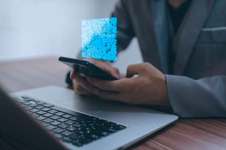 Scan QR code to pay, receive money, login, connect to the system, payment , online shopping , cashless technology concept, accepted digital pay without moneyの写真素材