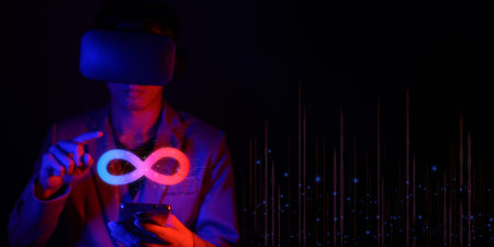 virtual reality infinity symbol community connection of metaverse world global network technology...