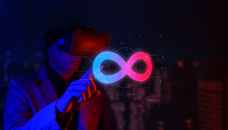 virtual reality infinity symbol community connection of metaverse world global network technology...