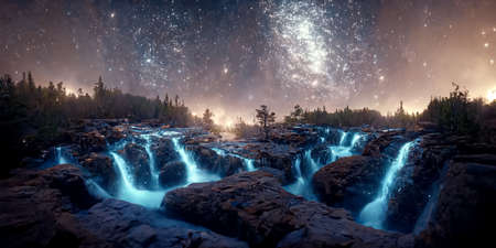Milky Way with forests and waterfalls 3Dの写真素材