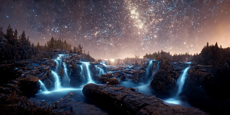 Milky Way with forests and waterfalls 3Dの写真素材