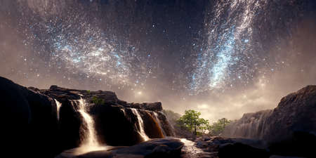 Milky Way with forests and waterfalls 3Dの写真素材