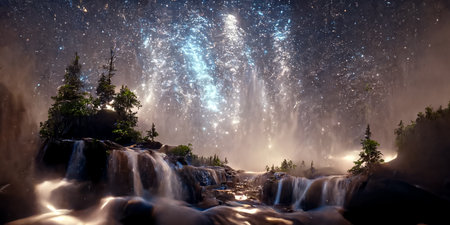 Milky Way with forests and waterfalls 3Dの写真素材