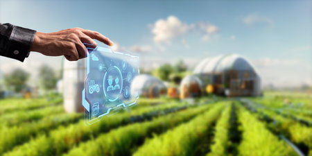 Modern smart farm, controlled by technology Farmers Is monitoring the growth of trees in the plotsの写真素材