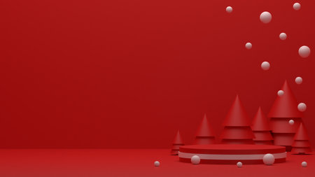 Christmas red scene background backdrop podium stand .product shelf standing backdrop .pedestal display. Blank stand for showing product.の写真素材