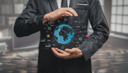 Currency exchange, money transfer, FinTech financial technology, World economy report. Man using...
