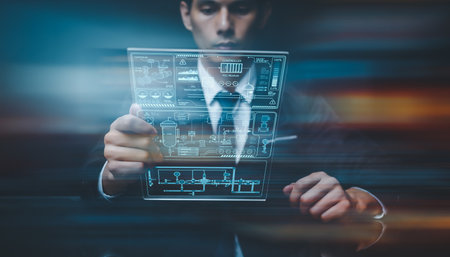 Piping and instrument diagram System control staff Engineers are inspecting manufacturing processes working in industry and holographic screens showing various piping and control systems within the plantの写真素材