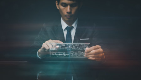 Piping and instrument diagram System control staff Engineers are inspecting manufacturing processes working in industry holographic screens showing various piping and control systems within the plantの写真素材