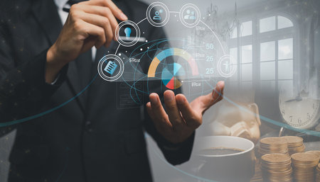 Currency exchange, money transfer, FinTech financial technology, World economy report. Man using mobile phone with forex trading graph, stock market reportの写真素材