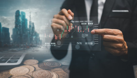 Currency exchange, money transfer, FinTech financial technology, World economy report. Man using...