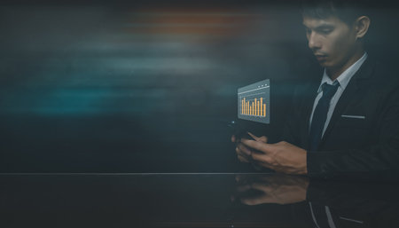 Currency exchange, money transfer, FinTech financial technology, World economy report. Man using mobile phone with forex trading graph, stock market reportの写真素材