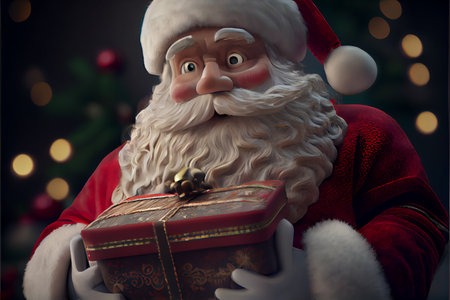 santa claus holding a festive gift box merry christmasの写真素材