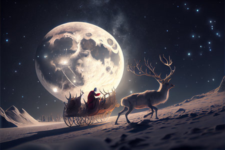 Santa Claus riding a deer in a sleigh, cartoon 3D Merry Christmasの写真素材