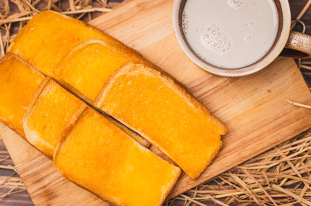 Buttered Bread with warm cow's milkの写真素材