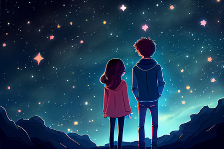 cartoon couple man and woman watching the sky stars at night