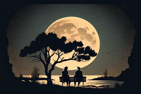 cartoon couple man and woman watching the sky stars at nightの写真素材