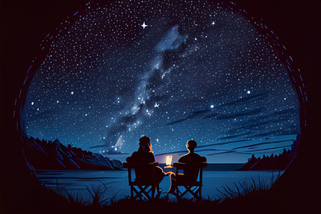 cartoon couple man and woman watching the sky stars at night