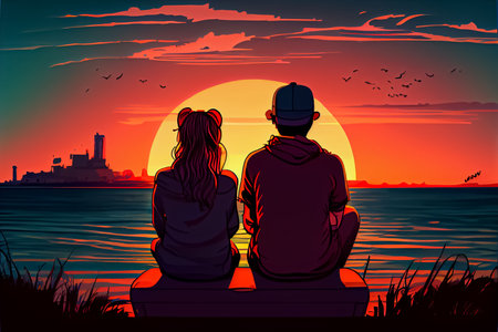 cartoon male and female couple watching the sky at duskの写真素材
