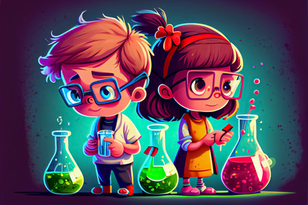 cartoon kids science experimenting chemicals National Science Dayの写真素材
