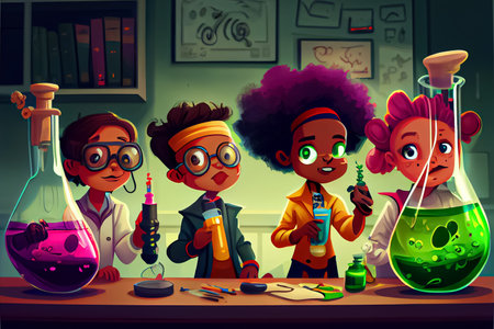 cartoon kids science experimenting chemicals in the science room National Science Dayの写真素材