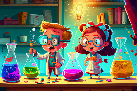 cartoon kids science experimenting chemicals in the science room National Science Dayの写真素材