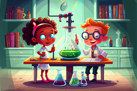 cartoon kids science experimenting chemicals in the science room National Science Dayの写真素材