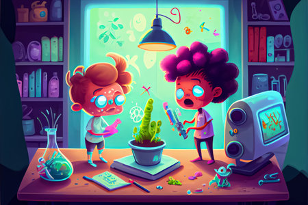 cartoon children doing experiments research germs In the science roomの写真素材