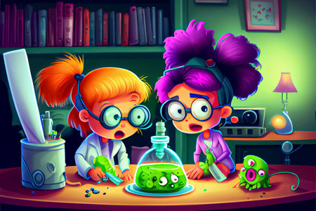 cartoon children doing experiments research germs In the science roomの写真素材