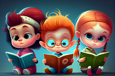 cartoon child reading a book on the bed World Book Day loves to readの写真素材