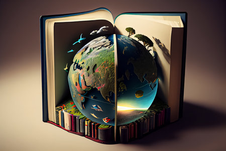 cartoon child reading a book on the bed World Book Day loves to readの写真素材