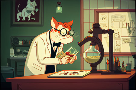 cartoon scientist experimenting animal research National Science Dayの写真素材