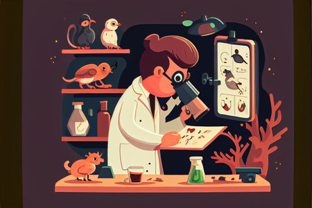 cartoon scientist experimenting animal research National Science Dayの写真素材