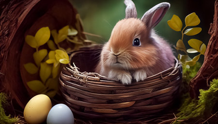 Bunny, Easter egg placed in a basketの写真素材