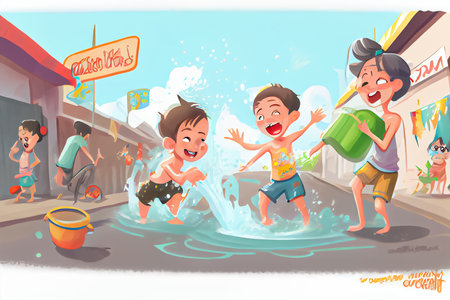 cartoon children splashing water on songkran festival thai traditionの写真素材