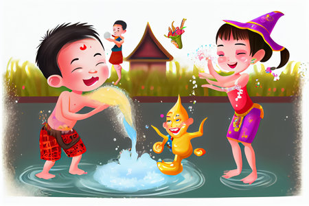cartoon children splashing water on songkran festival thai traditionの写真素材