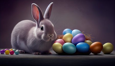 Easter bunny with easter eggs in a field of flowersの写真素材