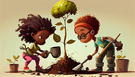 cartoon children planting trees Earth Day the importance of loving natureの写真素材