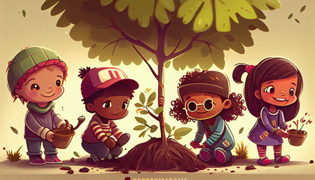 cartoon children planting trees Earth Day the importance of loving natureの写真素材