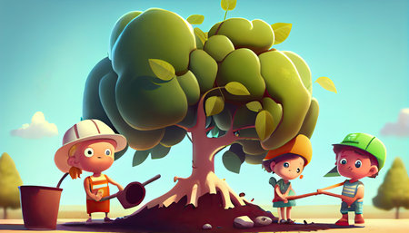 cartoon children planting trees Earth Day the importance of loving natureの写真素材