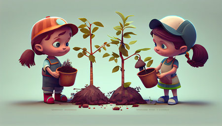 cartoon children planting trees Earth Day the importance of loving natureの写真素材