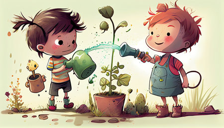 cartoon children planting trees Earth Day the importance of loving natureの写真素材