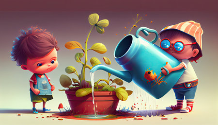 cartoon children planting trees Earth Day the importance of loving natureの写真素材