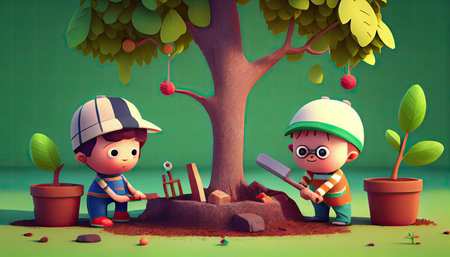 cartoon children planting trees Earth Day the importance of loving natureの写真素材