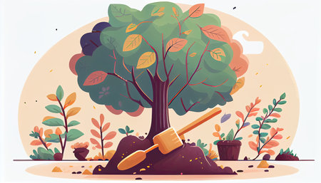 Cartoon design tree planting illustration colorful Earth Day the importance of loving natureの写真素材