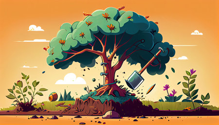 Cartoon design tree planting illustration colorful Earth Day the importance of loving natureの写真素材