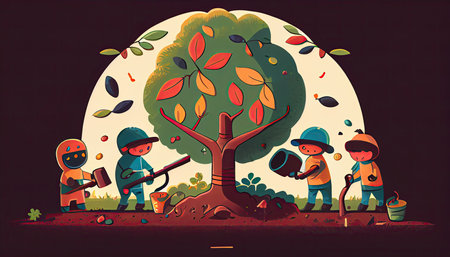 Cartoon design tree planting illustration colorful Earth Day the importance of loving natureの写真素材