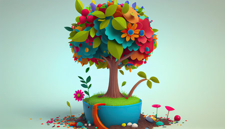 Cartoon design tree planting illustration colorful Earth Day the importance of loving natureの写真素材