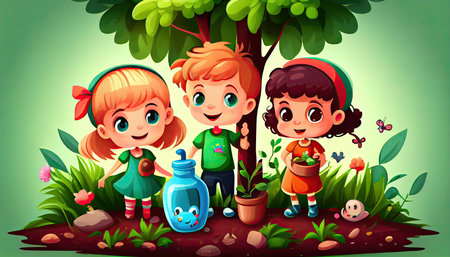 children help to plant trees and collect plasti Earth Day the importance of loving natureの写真素材