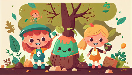 children help to plant trees and collect plasti Earth Day the importance of loving natureの写真素材