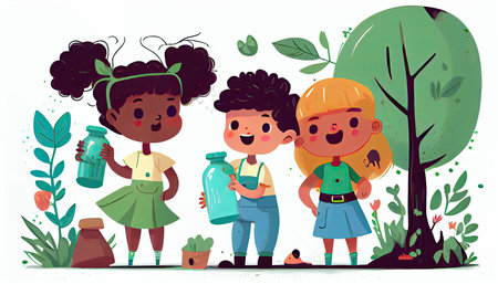 children help to plant trees and collect plasti Earth Day the importance of loving natureの写真素材